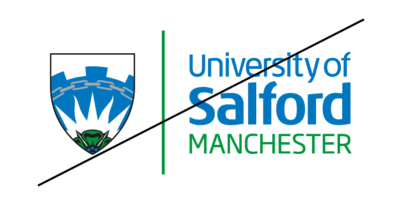 University of Salford logo with it's colours inverted and with a strikethrough