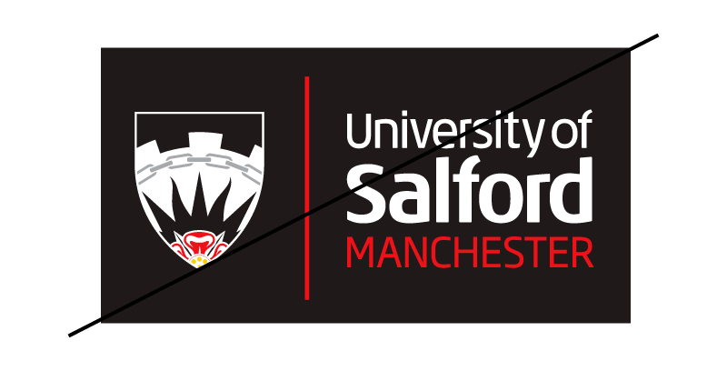 University of Salford logo combined with dark background, outlines and with a strikethrough