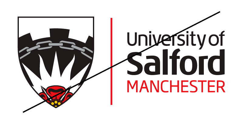 University of Salford logo and its shield made bigger with a strikethrough