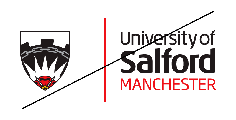 University of Salford logo with the shield moved and a strikethrough