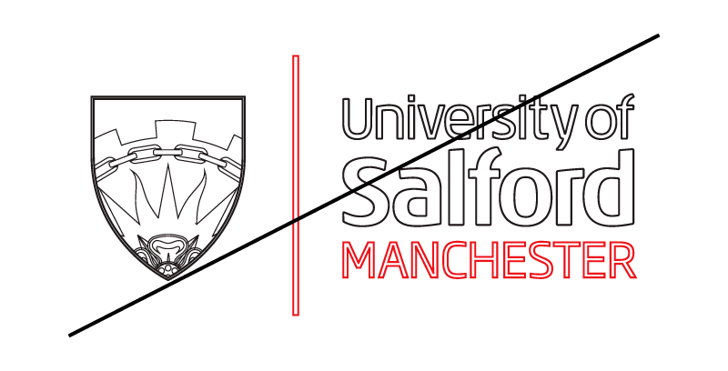 University of Salford logo outlined with a strikethrough