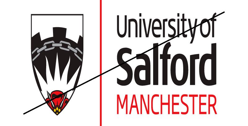 University of Salford logo stretched with a strikethrough