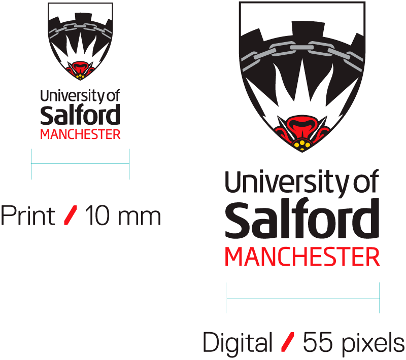 University of Salford logo stacked minimum widths of 10mm for print and 55px for digital