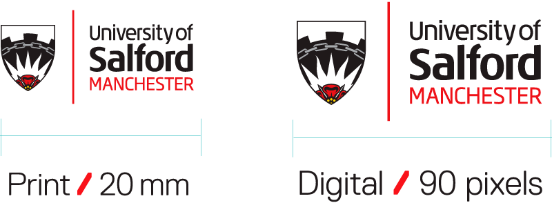 University of Salford logo unstacked minimum widths of 20mm for print and 90px for digital